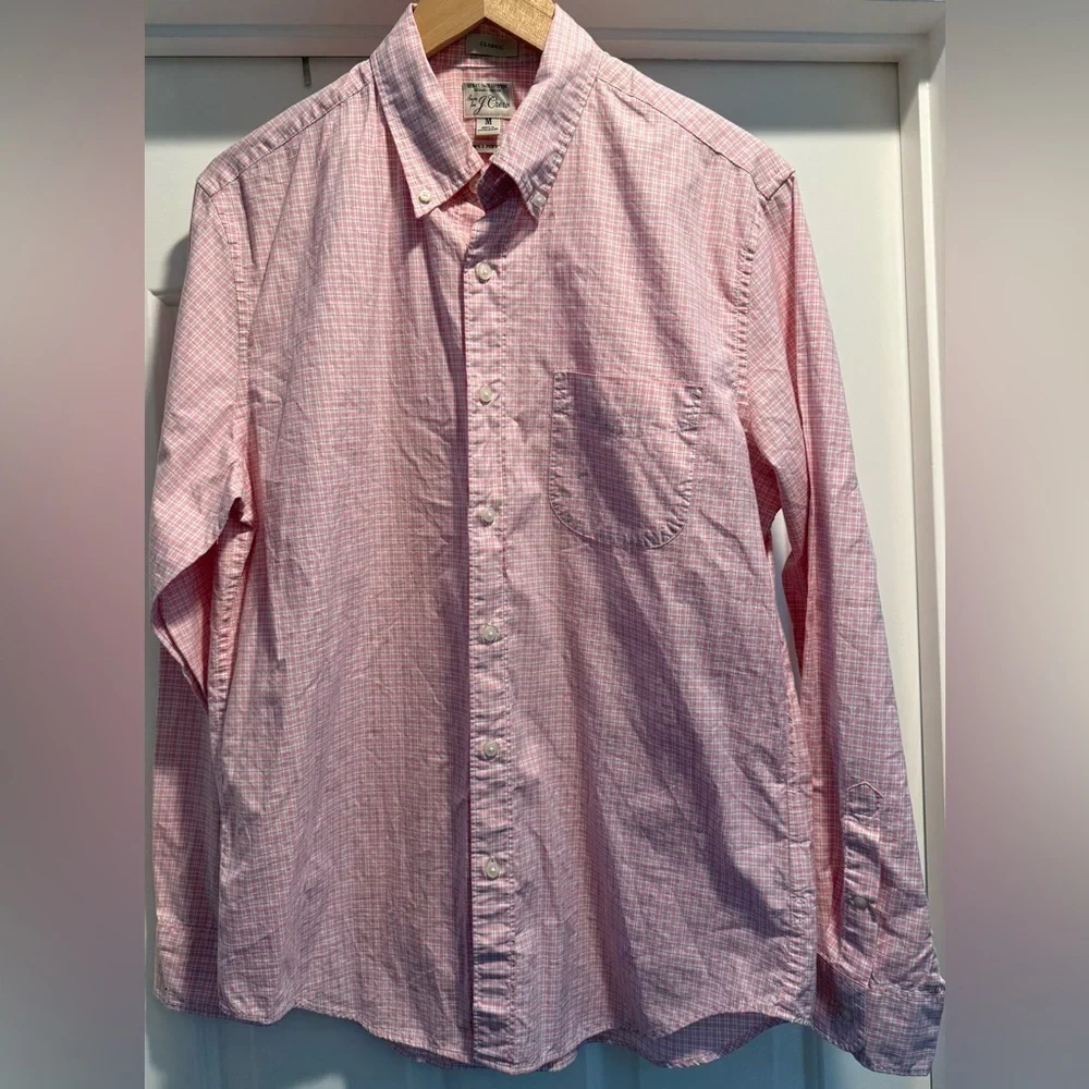 EUC⚡️J.Crew Classic Secret Wash Shirt Men’s Medium Pink Gingham Organic Cotton